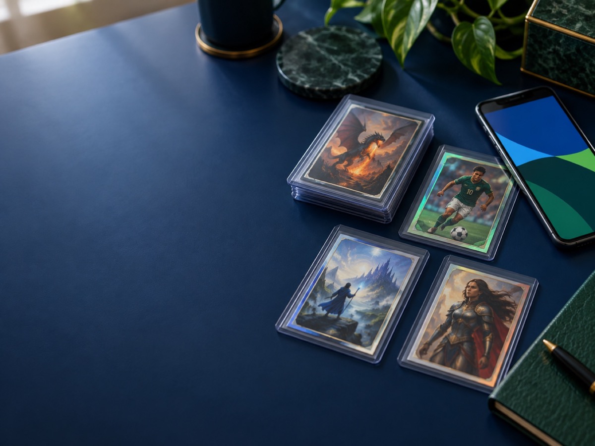Colección de cartas protegidas junto a un teléfono
